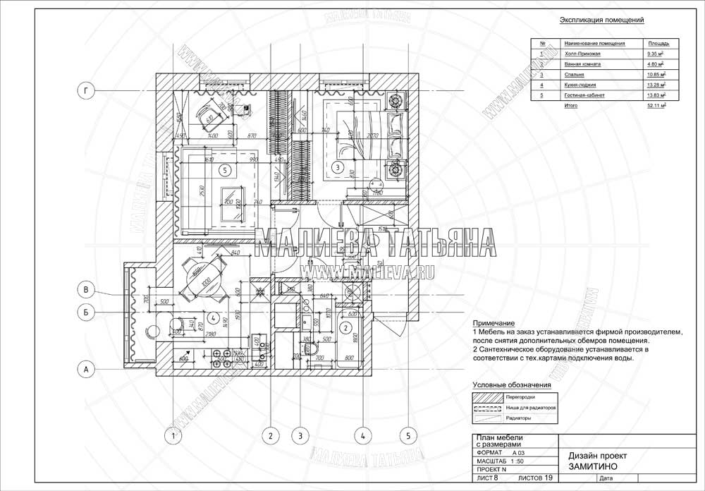 Дизайн проект: план мебели с размерами
