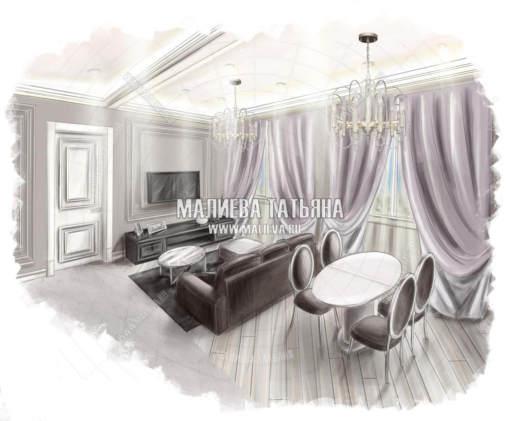 Гостиная в стиле современной классики Старая Купавна от дизайнера Малиевой Татьяны 2019