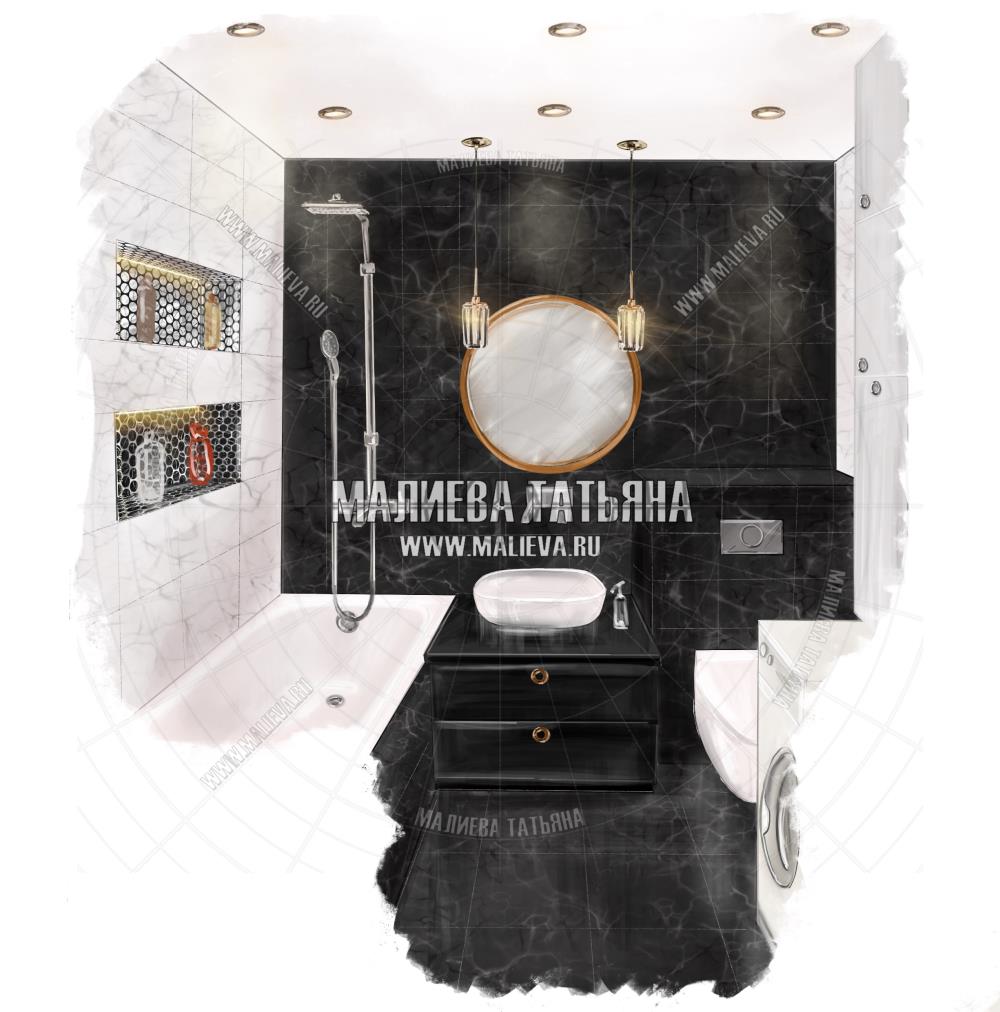 Эскиз ванной: ЖК Яуза Парк, Дизайн проект Малиевой Татьяны, Москва 2019