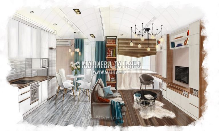 Дизайн гостиной кухни скетч эскиз Малиевой Татьяны в ЖК Яуза Парк 2019 Москва