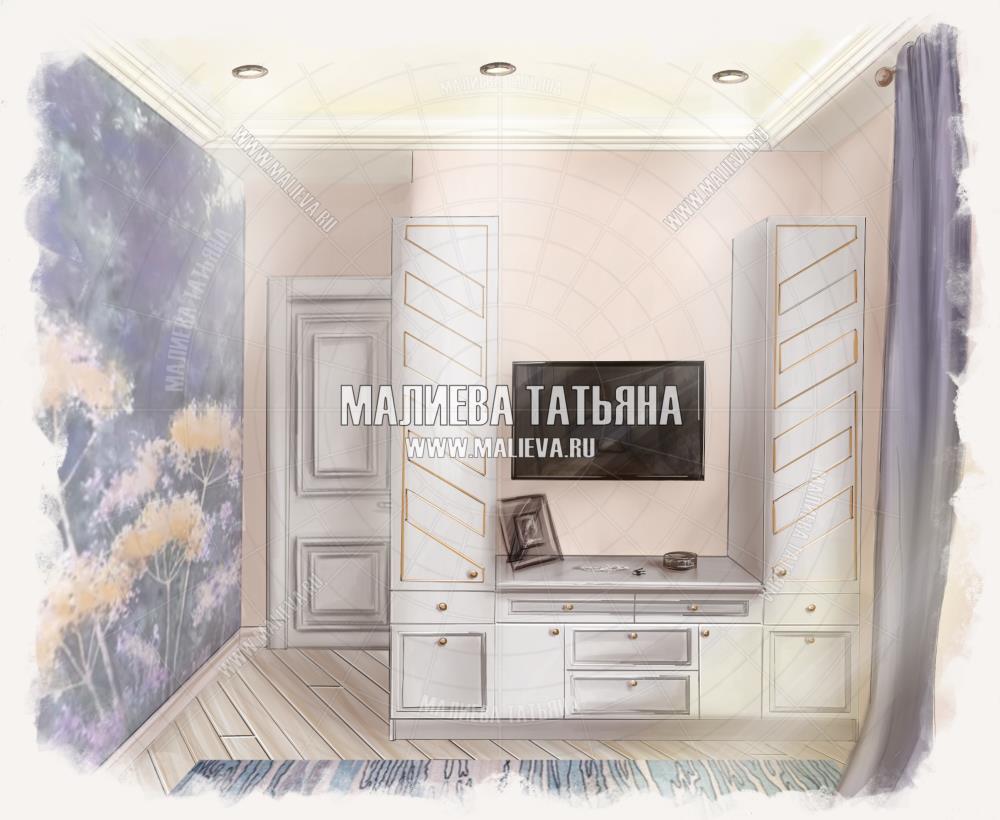 Дизайн спальной комнаты с панно в ЖК Купавна от дизайнера Малиевой Татьяны 2019